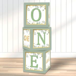 Racenaf 1st Birthday Boxes Decorations - 3Pcs Sage Green and Gold Miss Onederful Balloons Boxes for Girls One Year Old Party Cardboard Box Decor, 1st Birthday Party Supplies