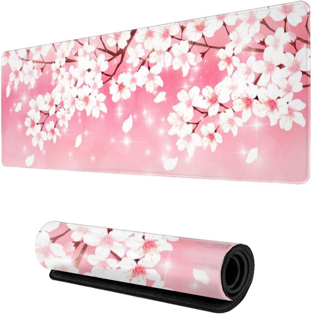 Pink Cherry Blossoms Gaming Mouse Pad XL, Large Non Slip Rubber Mousepad, Stitched Edges Desk Pad, Long Extended Mice Pad,31.5'' X 11.8''