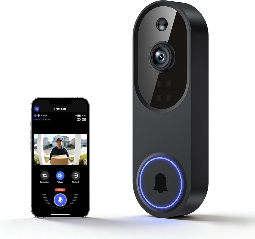 1080P Wireless Video Doorbell Camera, Outdoor Surveillance Cameras, FHD Live View, Cloud Storage, AI Human Detection, Instant Alert, Night Vision, Two Way Audio, 2.4G WiFi Only (Black)