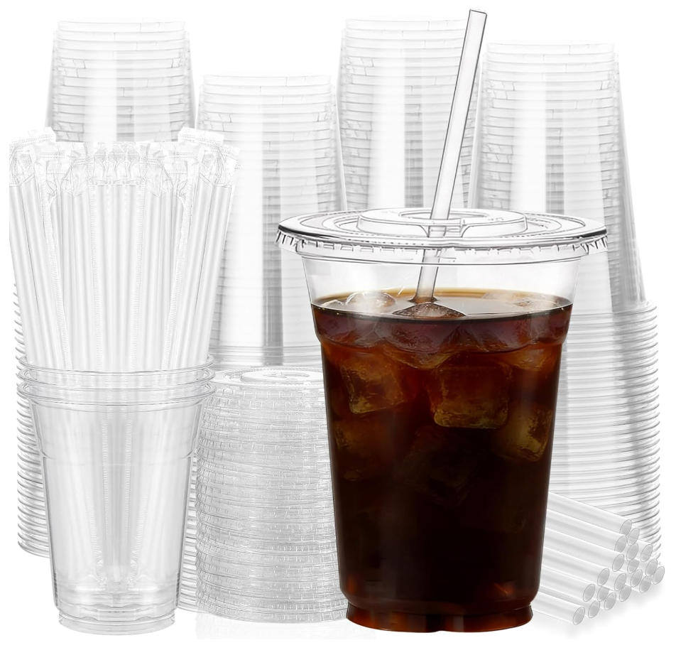 cundao 100 Pack 16 oz Clear Plastic Cups with Lids and Straws, [LeakProof & CrackResistant] Disposable Iced Coffee Cups for Smoothies, Bubble Tea, Juice and Cold Drinks, BPA Free