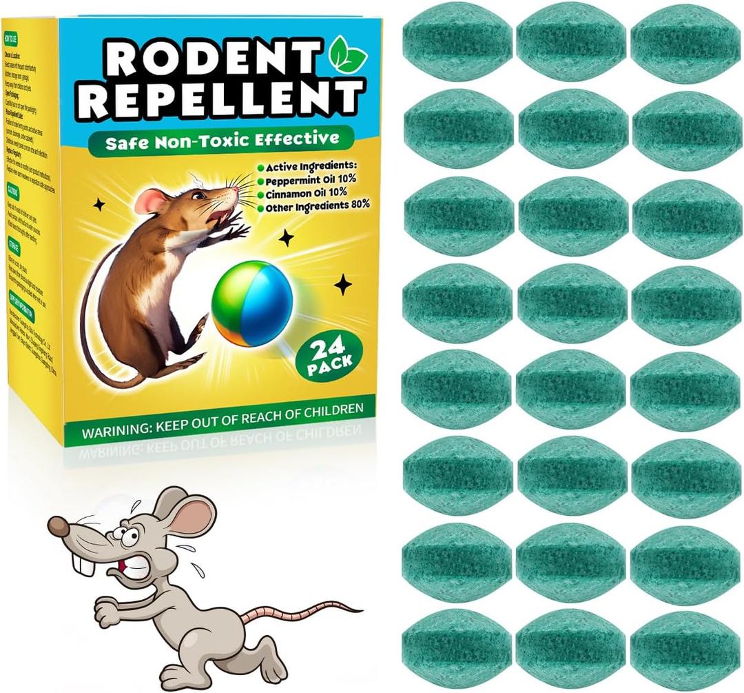 Rodent Repellent, 24Pcs Peppermint Oil Natural Ingredients Mouse Repellent Balls Safe for Kids & Pets Car/RV/Boat/Garage/Shed/Cabin