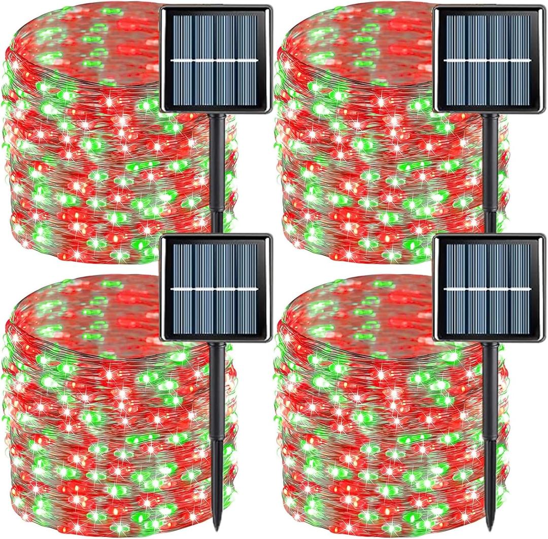YEGUO Solar Fairy Lights Outdoor Waterproof, 4 Pack Each 33ft 100 LED String Lights, 8 Modes Silver Wire(Green and Red)