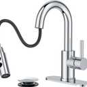 FORIOUS Chrome Bathroom Faucet with Pull Down Sprayer, Single Hole Bar Sink Faucet 1 Hole with Pop Up Drain Hose, Suitable for Bathroom, RV,Vanity, Restroom & Utility Sink