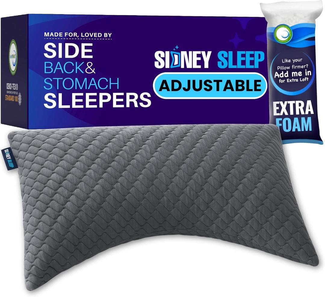 Sidney Sleep Bed Pillow for Side and Back Sleepers - Adjustable Filling - Memory Foam Pillow for Neck and Shoulder Pain - Customizable Loft - Queen Size - Additional Foam Bag Included (Grey) (Queen (Pack of 1))
