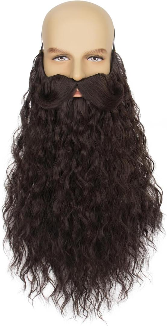 Yan Dream Long Curly Wizard Beard Men Full Fake Beard and Handlebar Mustache Cosplay Costume Facial Hair (Brown)