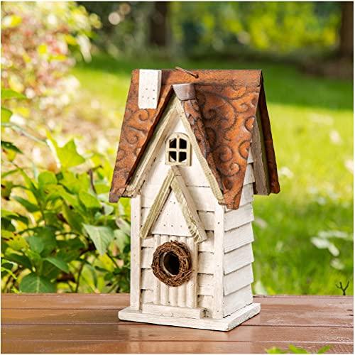 Glitzhome Bird Houses for Outside, 12" H Washed White Distressed Solid Wood Cottage Bird Nesting Box Hanging Bird House for Outdoors, Decorative Birdhouse for Bluebird Wren Sparrow Finch Cardinal