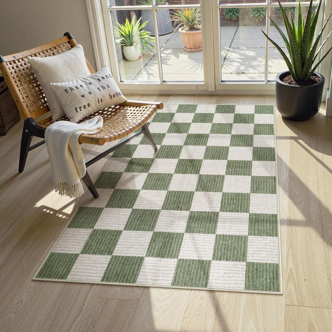 LIVEBOX 3x5 Washable Area Rug Checkered, Non-Slip Small Entryway Rug Green Farmhouse Neutral Classic Geometric Boys Rug for Bedroom Room Low-Pile Carpet for Indoor Kitchen Bathroom(Sage Green 3'x5')