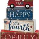 4 Pcs 4th of July Decorations Patriotic Memorial Day Tabletop Decorations Red White Blue Table Centerpieces Wood Block God Bless Sign for Office Tiered Tray Home Shelf Mantel(Independence Day Car)