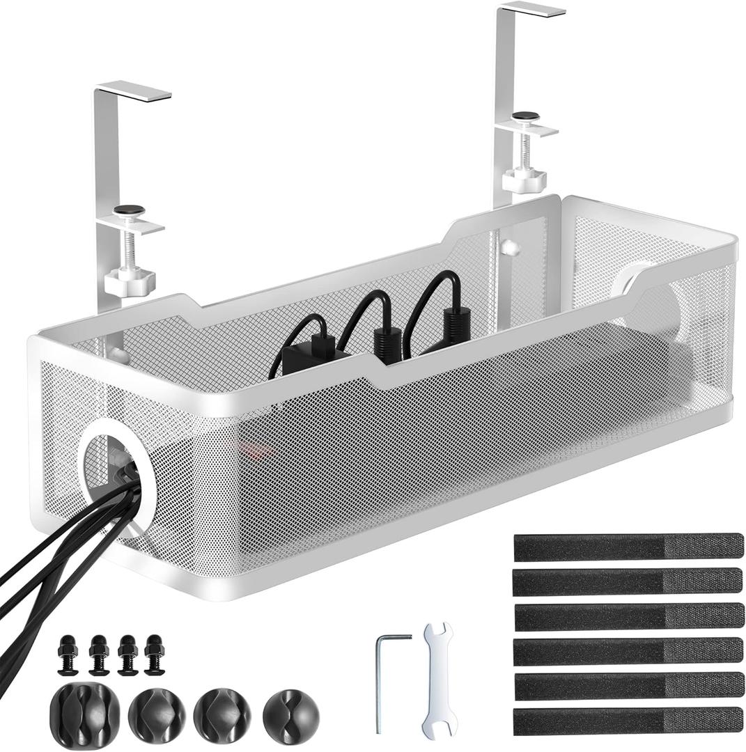 Under Desk Cable Management Tray White, Cinati Wire Organizers No Drill, Cable Tray with Clamp for Wire Management, Cord Organization Box for Office, Home - No Damage to Desk (13.4"-1 Pack)