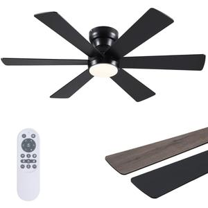 Asyko 46" Low Profile Ceiling Fan with Light and Remote Control,Black Modern Flush Mount Ceiling Fan with Lights for Bedroom, Reversible, Dimmable, Noiseless