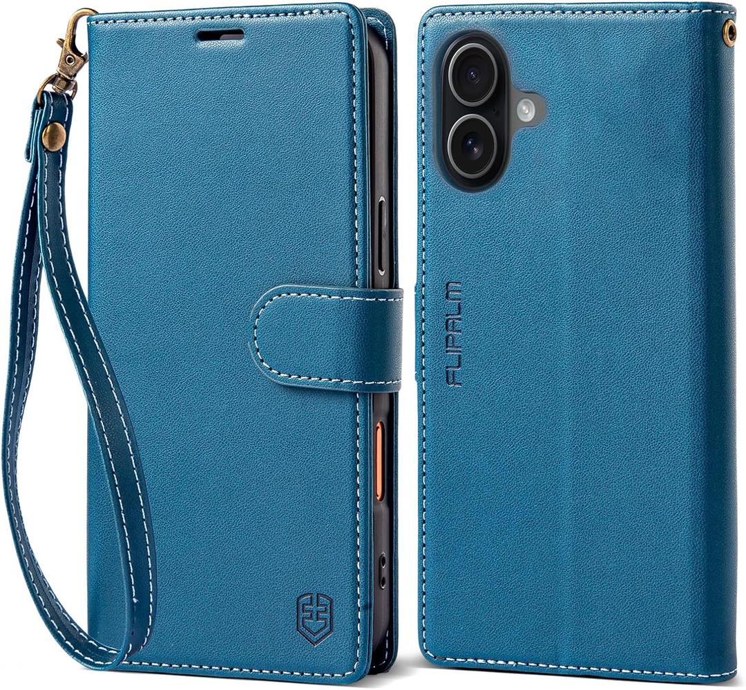 FLIPALM Wallet Case for iPhone 17 Series with Wrist Strap - PU Leather Folio Flip with Credit Card Holder & Kickstand, Protective Cover (Blue, for iPhone 17)