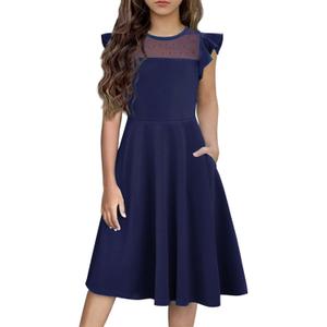 Flypigs Girls Dresses Summer Formal Party Wedding Ruffle Sleeve Mesh Knee Length A Line Dress with Pockets (14-15 Years)
