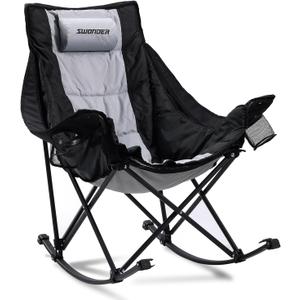 Swonder Oversized Rocking Camping Chair with Innovative 2-in-1 Removable Seat Cushion for All Seasons, Fully Padded Folding Outdoor Chair with Headrest and Carry Bag