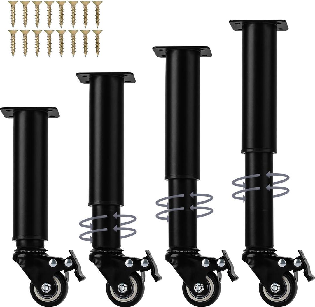 12.4-18 Inch / 31-45cm Adjustable Furniture Legs with Swivel Caster Wheels, 4Pcs Heavy Duty Replacement Support Legs for Cabinet/Storage Shelf/Sofa/Bed/Dresser/Couch/Coffee (Black)