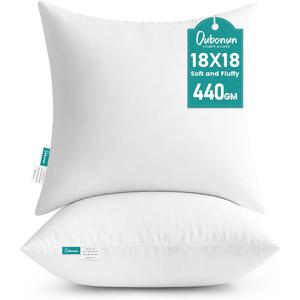 Oubonun 18 x 18 Throw Pillow Inserts - Soft, Plush & Decorative Down Alternative Pillows for Couch Sofa Bed, Machine Washable - White, Pack of 2