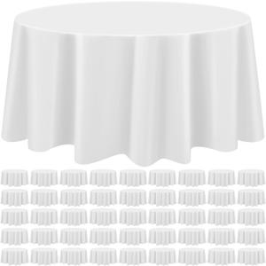 Preboun 50 Pcs Round Plastic Tablecloth 84 Inch Disposable Table Cloth Decorative Round Table Cover for Indoor Outdoor Parties Birthdays Weddings Holiday Dinner Anniversary Buffet Table (White)