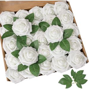 AmyHomie Artificial Flower 50pcs Real Looking Fake Roses w/Stem for DIY Wedding Bouquets Centerpieces Arrangements Party Baby Shower Valentines Day Christmas Tree Decorations, White