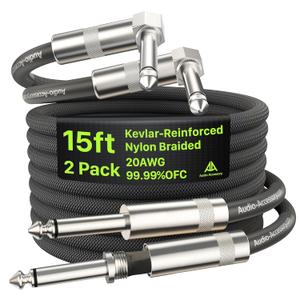Right Angle Guitar Cords 15ft 2 Pack, Nylon Braided Anti-Kinking Kevlar-Reinforced, 20 AWG 99.99% OFC 1/4 Instrument Cable, AL & OFC Shielded Guitar Cable for Fender Electric Guitar (Black)