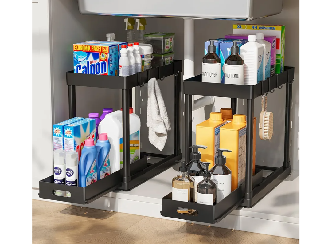 2 Pack Pull-Out Storage Organizers, Under Sink Organizer and Storage for Bathroom & Kitchen, Multi-Purpose Under Cabinet Organizers and storage Black