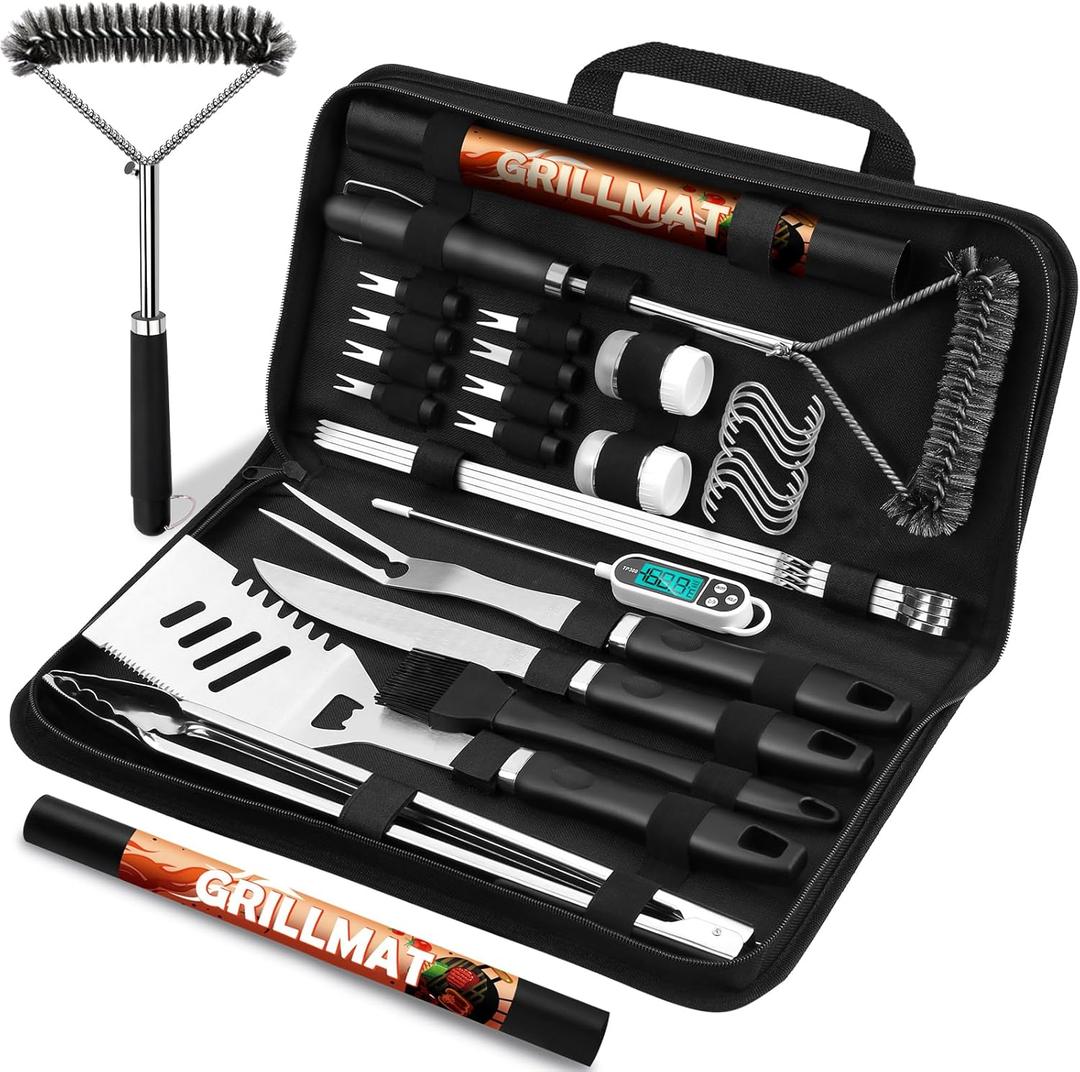 31pcs BBQ Grill Accessories Set for Men Dad, Heavy Duty Grilling Tools Gifts for Valentines Day, Stainless Steel BBQ Utensils Kit with Mats, Grill Brush in Carrying Bag Black