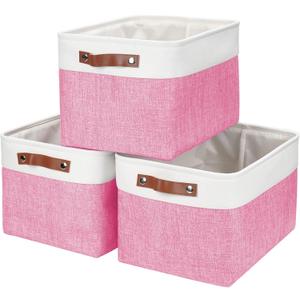 Storage Bins Large Fabric Storage Baskets for Shelves 3 Pack, Decorative Linen Closet Baskets with Handles for Organizing, Shelf, Clothes, Home, Office, 15x11x9.5Inches (Pink&White)