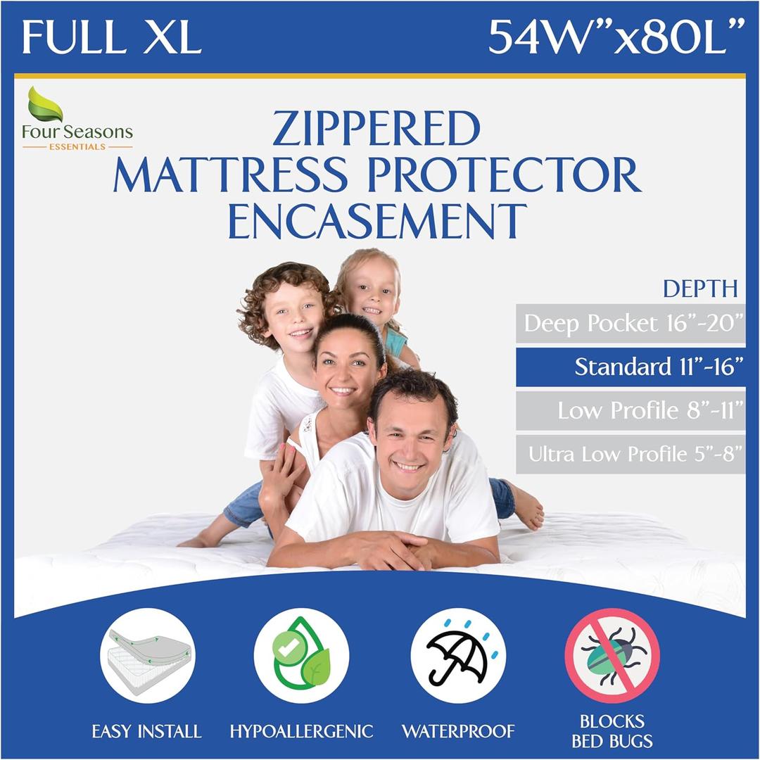 Full Extra Long (XL) Mattress Protector Zippered Waterproof Encasement Hypoallergenic Premium Quality Cover Protects Against Dust Allergies White
