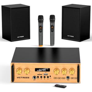 Bluetooth Audio Amplifier, UHF Wireless Microphone System with 2.1 Channel HiFi External Speaker with USB/TF/FM/TWS, Treble and Bass Adjustment for Party, Home KTV, Conference, Church