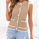 PRETTYGARDEN Vest For Women 2025 Summer Casual Button Down Color Block Sweater Vest Ribbed Knit Tank Tops With Pockets (Beige, M)