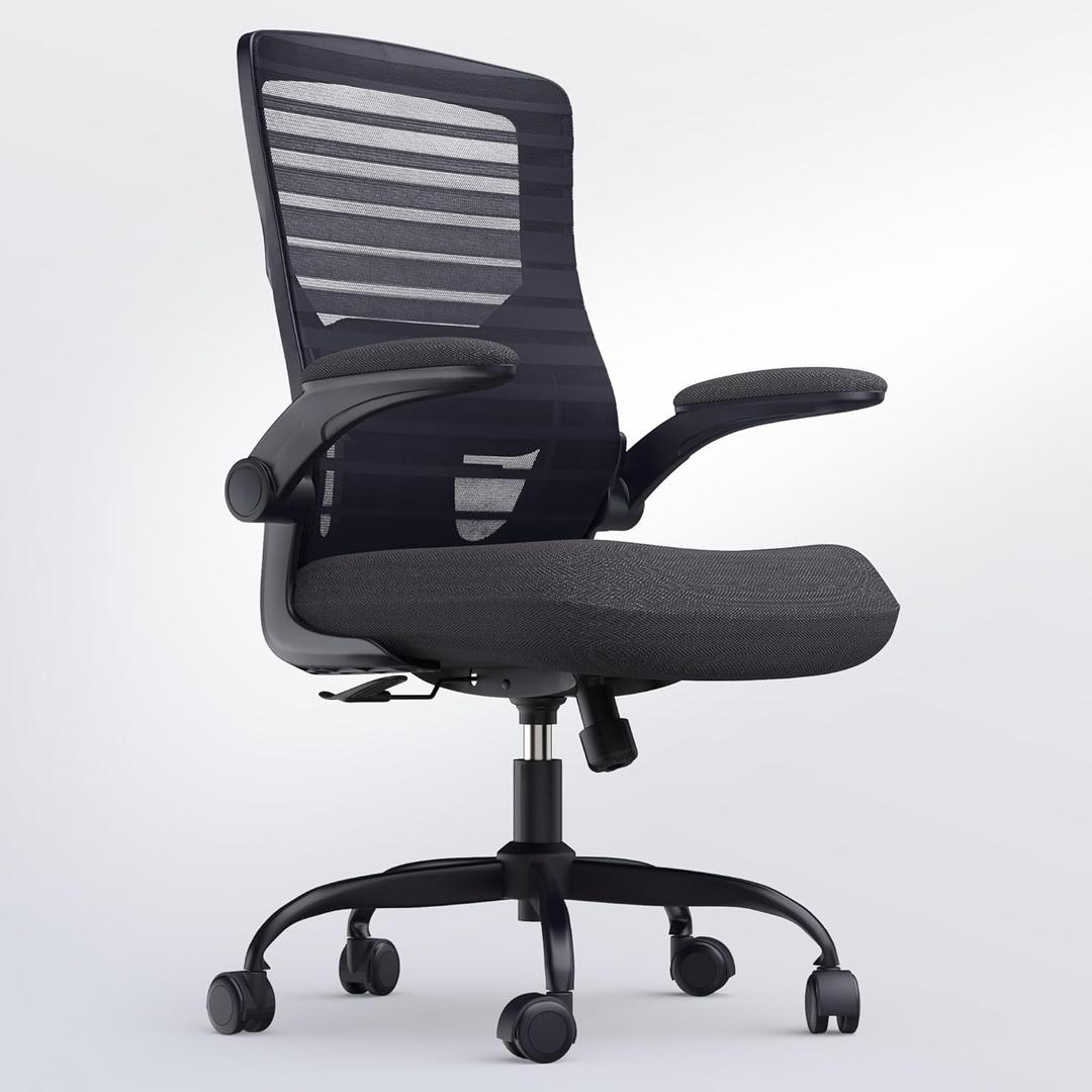 Office Desk Chair for Long Hours & Lower Back Pain Relief 4 Thick Molded Foam Cushion, Enhanced Lumbar Support, Padded Flip-up Armrests, Ideal for Office or Study, Black, Medium