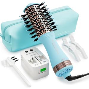 Travel Size Hair Dryer Dual Voltage Hair Styler, 110-240V 2 Inch Oval Jet Brush, Blow Dryer with Universal Adapter for Worldwide Use (Sky Blue&rose Gold)