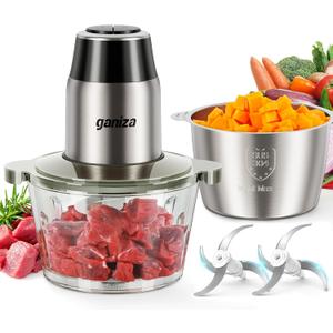 GANIZA Food Processors, Electric Chopper with Meat Grinder & Veggie Chopper - 2 Bowls (8 Cup+8 Cup) with Powerful 450W Copper Motor - Includes 2 Sets of Bi-Level Blades for Baby Food/Meat/Vegetables