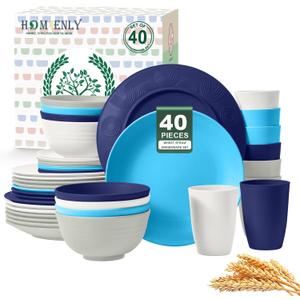 Homienly 40 PCS Wheat Straw Plates and Bowls Sets, Cups Sets, Service for 8, Unbreakable Microwave and Dishwasher Safe Dinnerware Sets,Reusbale Plastic Dishes Set - Island, Matte