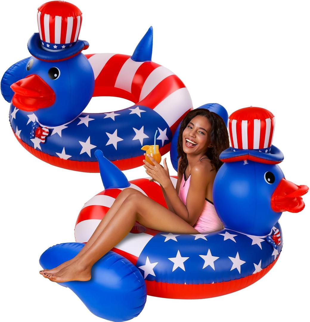 Karenhi 2 Pack 4th of July Giant Duck Swimming Ring American Flag Large Duck Inflatable Floating Pool Adult Inflatable Hammock Row Fun Pool Float for Independence, Memorial, Veterans Day Beach Party Karenhi 2 Pack 4th of July Giant Duck Swimming Ring American Flag Large Duck Inflatable Floating Pool Adult Inflatable Hammock Row Fun Pool Float for Independence, Memorial, Veterans Day Beach Party