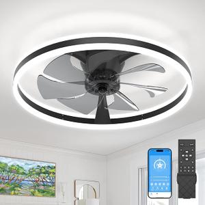 Ceiling Fans with Lights,23.7" Flush Mount Ceiling Fan with Light and Remote,Reversible,3 CCT,6 speeds,Dimmable,Noiseless,Low Profile Black Ceiling Fan for Bedroom, Kitchen,Living Room