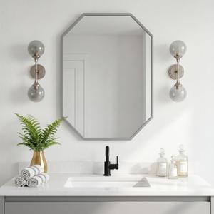 20"x28" Octagon Metal Mirror, Farmhouse Silver Bathroom Mirror, Rectangle Wall Mounted Vanity Mirror Hanging for Bedroom Entryway Living Room Farmhouse Horizontal/Vertical
