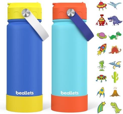 Beallets 2-Pack Kids Water Bottle, 18oz Toddler Insulated Bottles with Stickers, 18/8 Stainless Steel Leak-Proof Kids Straw Cup for School, Gifts for Boy(OrangeBlue + YellowBlue)