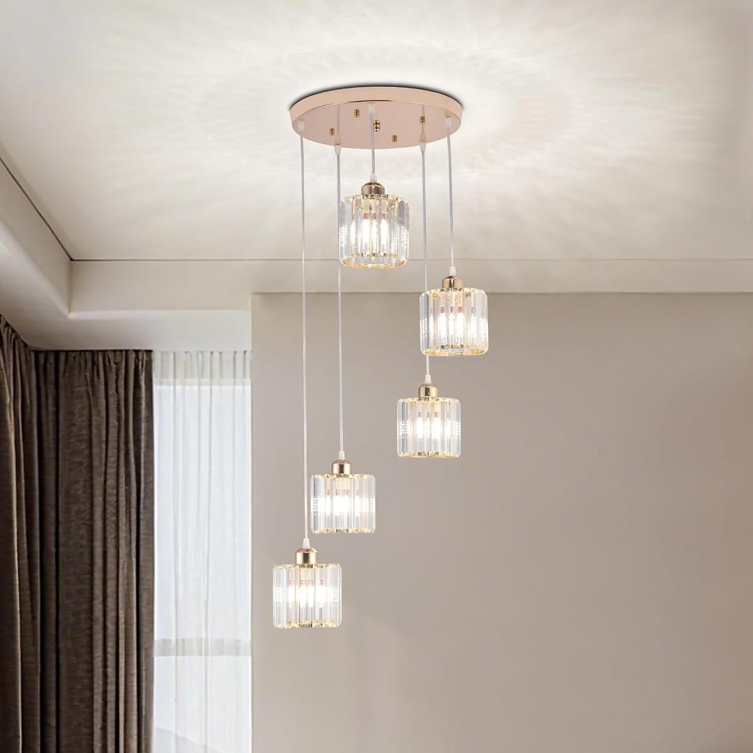 Crystal Pendant Lights Chandeliers for High Ceilings Modern Crystal Chandeliers Hanging Light Fixture Raindrop Drop Lamp for Dining Room Foyer Living Room Entryway Gold 5 Lights, Medium