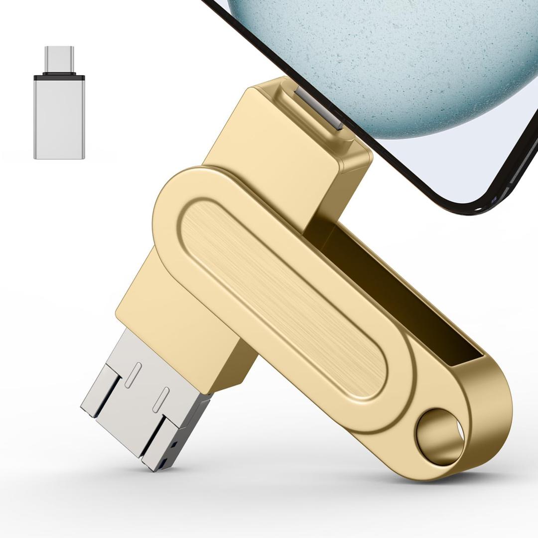 512GB Qainerly Photo Stick for Phone Flash Drive,4in1 Memory Stick for Photos and Videos USB Stick External Storage Compatible for iPhone/iPad/Android/PC (Gold)