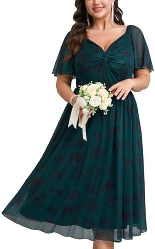 Womens Plus Size Wedding Guest Dress V Neck Short Sleeve Floral Boho Tulle Dress A Line Cocktail Formal Dresses XL