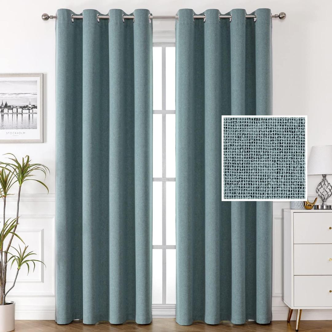 H.VERSAILTEX 100% Blackout Linen Curtains Thermal Insulated Curtain for Living Room Textured Burlap Drapes for Bedroom Grommet Linen Noise Blocking Curtain 52 x 108 Inch, 2 Panels, Heather Stone Blue
