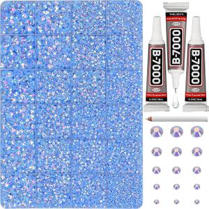 33000Pcs Baby Blue Rhinestones for Bedazzling, Bedazzler Kit with Flatback Craft Rhinestones Bulk and B7000 Glue, 2,3,4,5,6mm Resin Flat Back Crystals for Craftings, Crafts, Clothes, Shoes, Nails