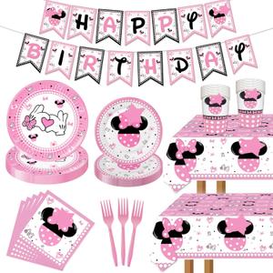 117 Pcs Pink Cartoon Party Dessert Plates Napkins Forks Tablecloth Cups Birthday Banner Tablecovers for Baby Shower Girls 1st 2nd 3rd 4th 5th Birthday Party Decorations Supplies - 20 Guests