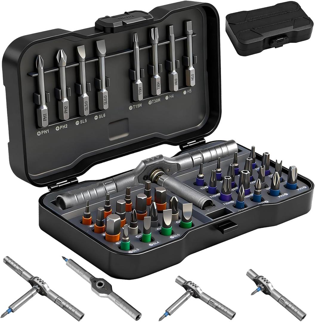 42 in 1 Magnetic Ratchet Screwdriver Set, DIY Ratchet Screwdriver Set, Multi Bit Magnetic Drive Set with Detachable Ratchet Handle, Portable Gray Repair Tool Kit for Furniture, Computer, Bicycle