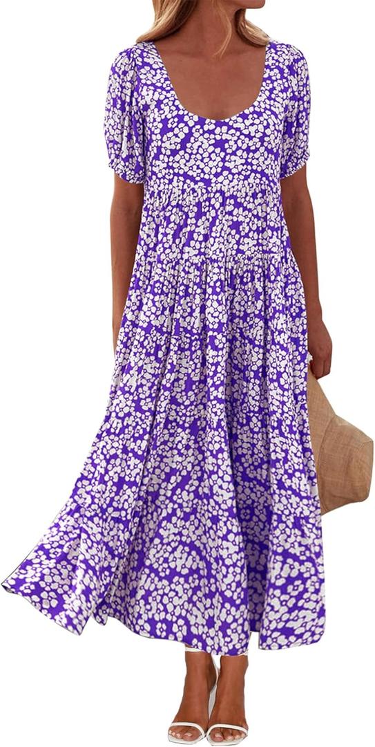 BTFBM Casual Women Summer Dresses 2024 Puff Sleeve Floral Maxi Dresses Smocked Backless Flowy Tiered Beach Long Dress (Purple, L)