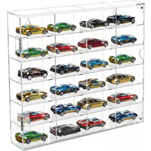 JUESHA Acrylic Display Case for Hot Wheels Storage 1/64 Scale, 6 Levels 24 Slots Toy Cars Showcase Wall Mount or Desktop, Clear Display Organizer for Diecast Matchbox Model Car Tabletop