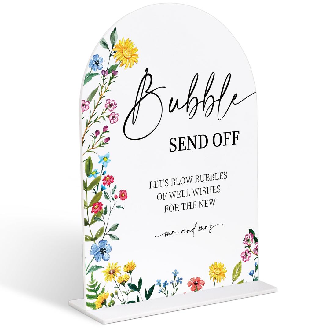 Acrylic Wedding Signs Bubble Send off Sign for Reception, 6x8" Floral Themed Arch Acrylic Table Decor, Love Is In Bloom Decorations for Bridal Shower Engagement Party