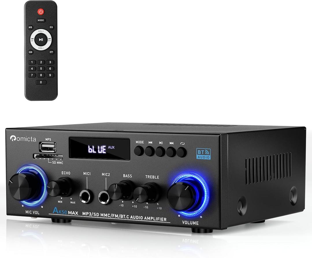 Romicta AK50MAX Stereo Audio Amplifier, Home Audio Stereo Receiver Bluetooth 5.0 with 400W 2.0 Channel FM Radio, Echo, USB, SD Card, AUX with Remote Control Home Theater Audio Stereo System