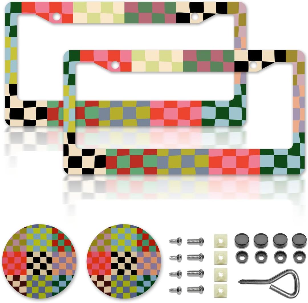 Checkered License Plate FramesCheckered Car Accessories for WomenCute Licens,e Plate HolderAluminum License Plate Frame Fits Standard US Vehicles Size 12.2 x 6 Inch (Multicolor-2pcs)