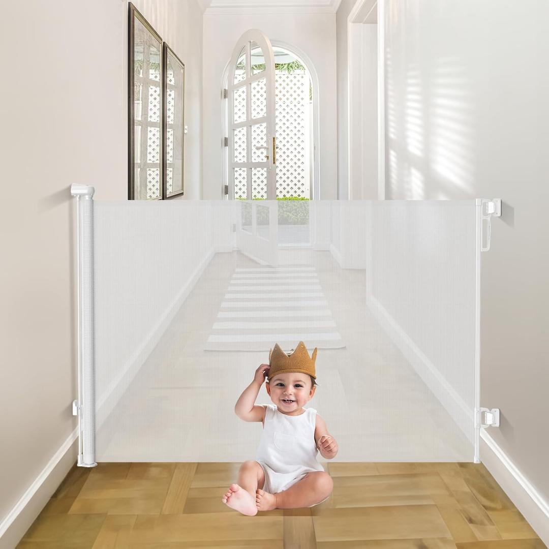 Babepai Retractable Baby Gates Extra Wide, 55" Wide x 38" Tall Dog Gates for Stairs, Indoor/Outdoor Use, Child Gates for Doorways, Deck, Porch, Hallways, Patio - White (55" Wide x 38" Tall, B-white)