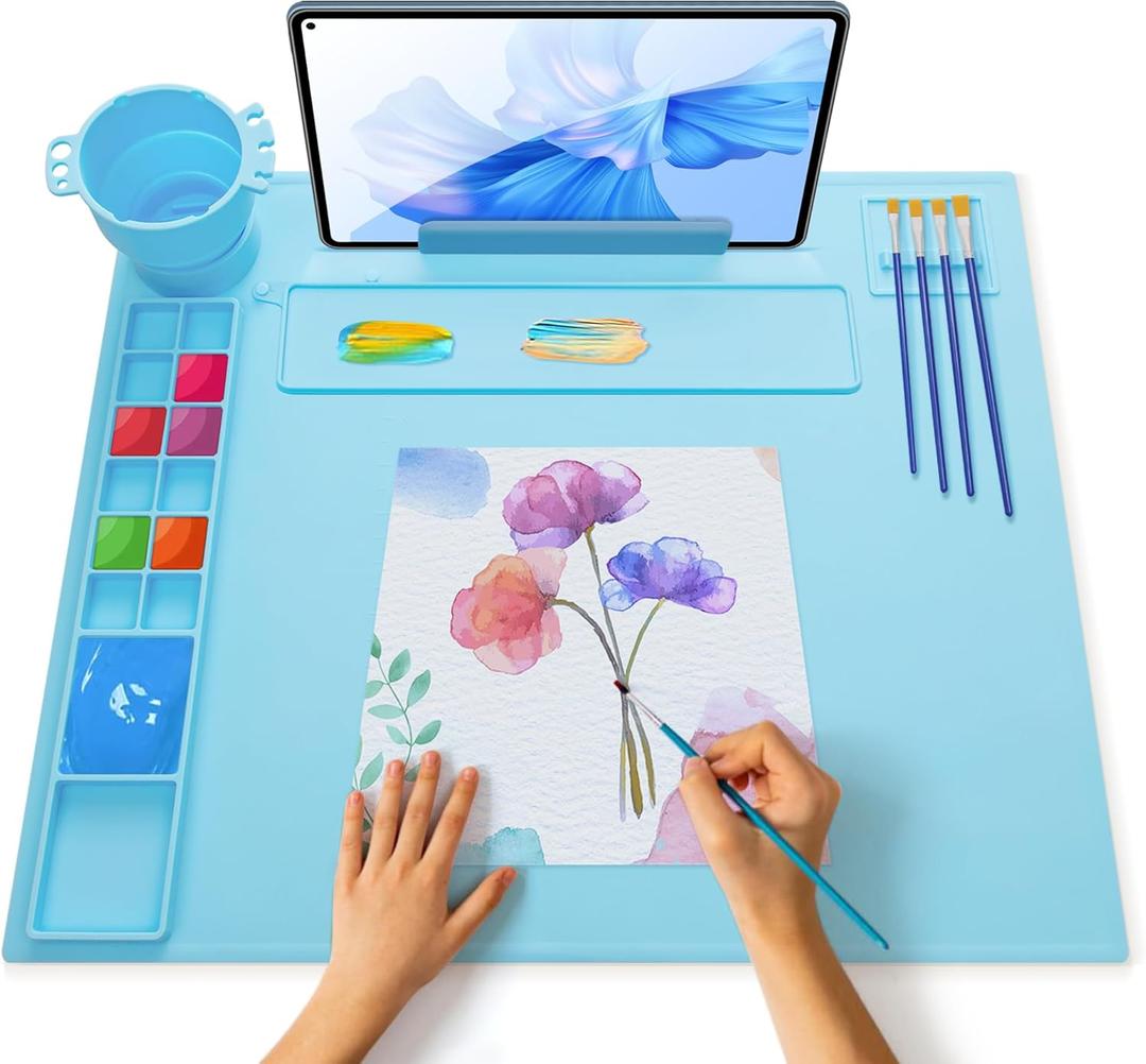 iArtker Silicone Painting Mat with Stand, Craft Art Mat with Cup and Lid, Non Stick Silicone Sheet for Resin, DIY, Clay, Play Doh, Blue